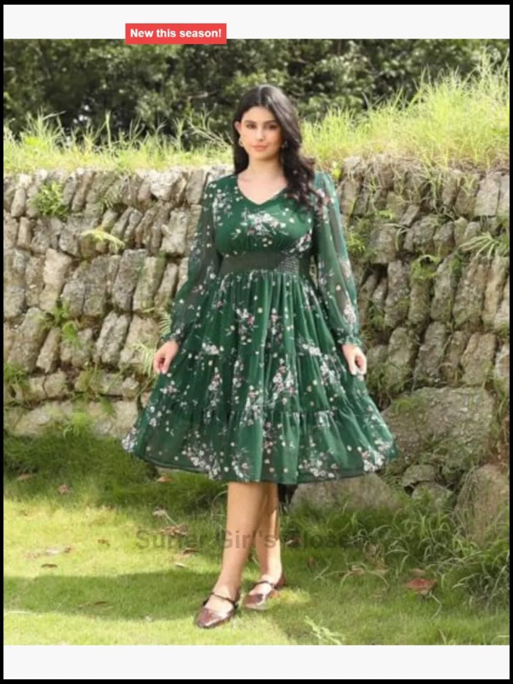 Plus Size Maxi Floral Dress Women Long Sleeve V Neck Empire Waist Flowy Chiffon
